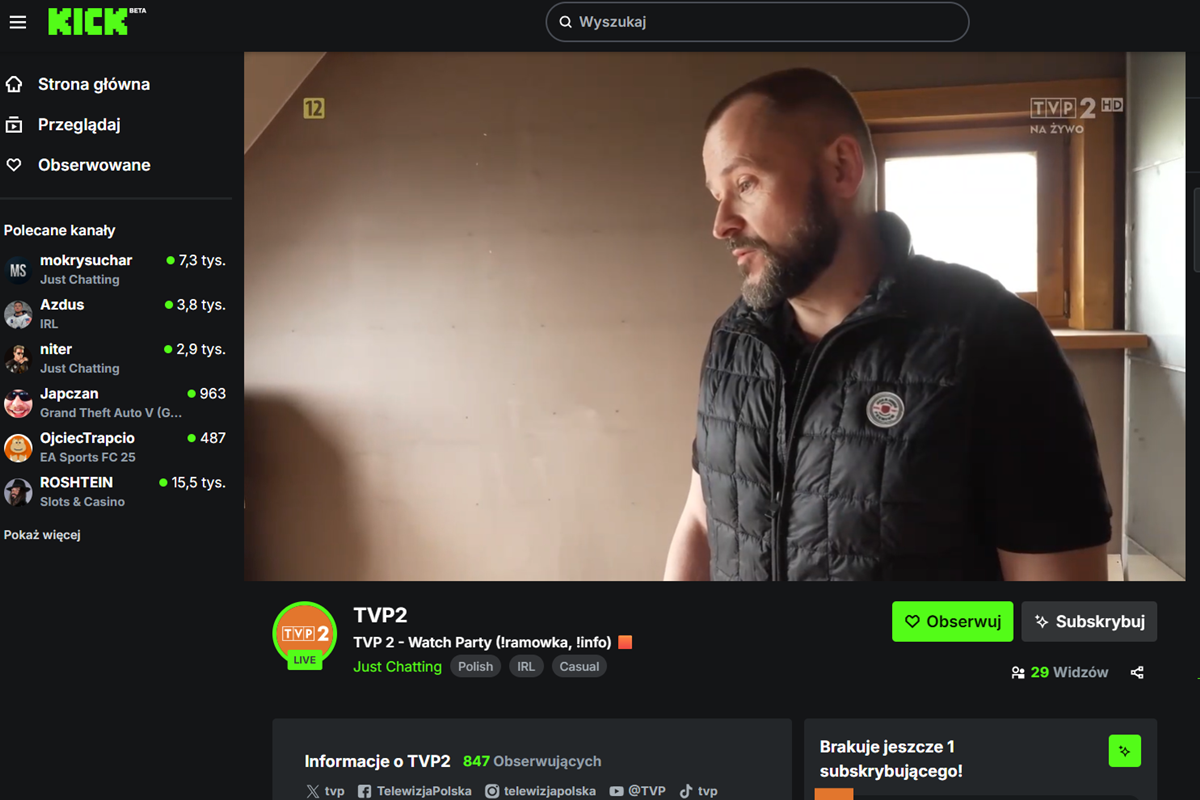 Kanał TVP nielegalnie udostępniany w serwisie z patostreamem