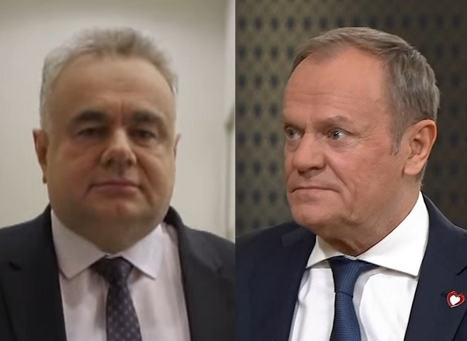 Tomasz Sakiewicz i Donald Tusk, fot. screeny z TV Republika i TVP Info