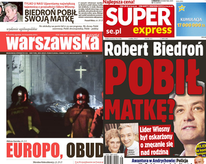Fragmenty pierwszych stron „Warszawskiej Gazety” i „Super Expressu” o zarzutach wobec Roberta Biedronia