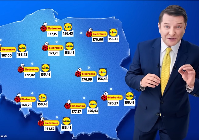 Kadr z reklamy Lidla z mapą cen z sklepach Lidl i Biedronka