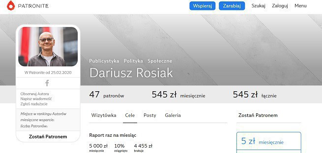 fot. screen zbiórki Dariusza Rosiaka/ Patronite.pl
