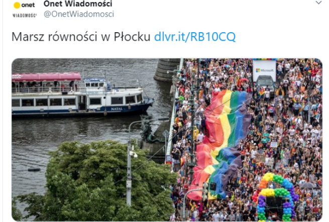 Wpis twitterowy Onet Wiadomości z błędnym zdjęciem o Marszu Równości w Płocku