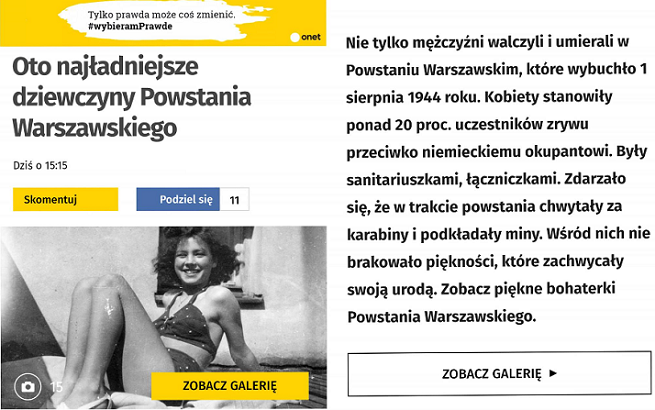 Usunięty z Onetu tekst o „najładniejszych dziewczynach Powstania Warszawskiego”