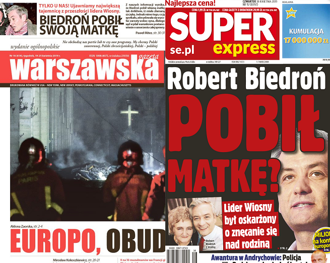 Fragmenty pierwszych stron „Warszawskiej Gazety” i „Super Expressu” o zarzutach wobec Roberta Biedronia