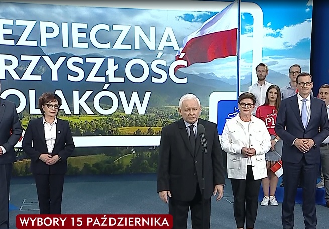 Jarosław Kaczyński podczas prezentacji hasła wyborczego PiS, fot. screen z TVP Info