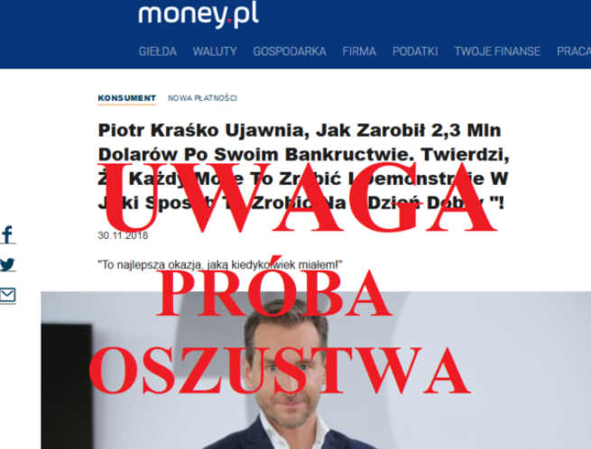 Ostrzeżenie Money.pl przed fałszywym tekstem podszywającym się pod ten serwis