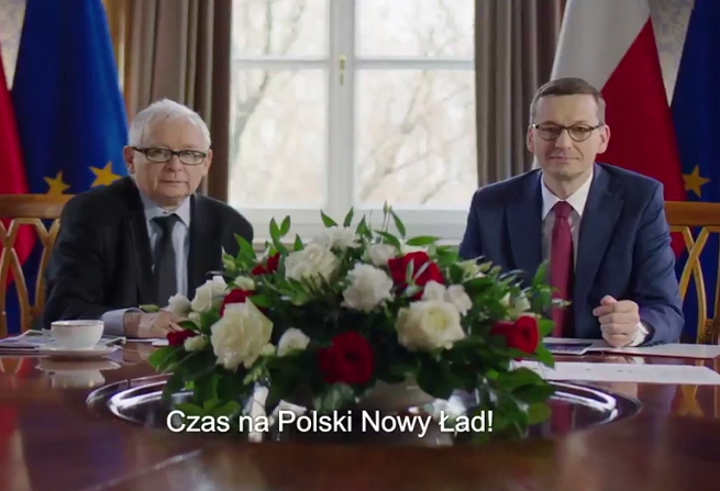 Jarosław Kaczyński i Mateusz Morawiecki w spocie zapowiadającym Polski Nowy Ład