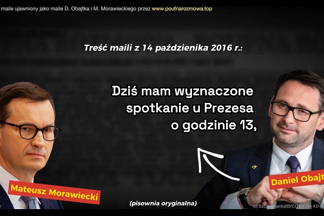 Kadr ze spotu PO nt. domniemanych maili Mateusza Morawieckiego i Daniela Obajtka
